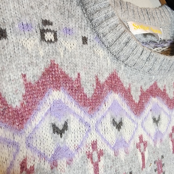 NWT Sugar Moon Juniors' NYC Alliance Fair Isle Sweater Grey Pink Purple Large - Picture 14 of 15